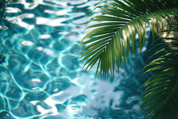 Poster - Palm tree hanging over pool water. Background image. Created with Generative AI technology