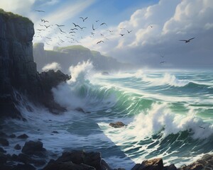 Wall Mural - A coastal cliff with waves crashing below, creating a dramatic seascape, and seagulls soaring in the turbulent winds.