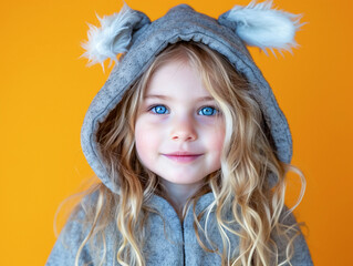 Wall Mural - A pretty blonde little girl with a sweet smile and blue eyes in a gray Easter bunny costume with fluffy ears on an isolated orange background.