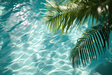 Poster - Palm tree hanging over pool water. Background image. Created with Generative AI technology