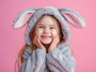 Wall Mural - A pretty blonde little girl with a sweet smile and hands near her face in gray Easter bunny pajamas with fluffy ears on a pink background.