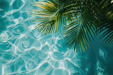 Poster - Palm tree hanging over pool water. Background image. Created with Generative AI technology