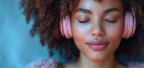 Beautiful, relaxed, black young girl with curly hair and with pink headphones is listening the music. Blue background. Enjoy of music concept. Selective focus