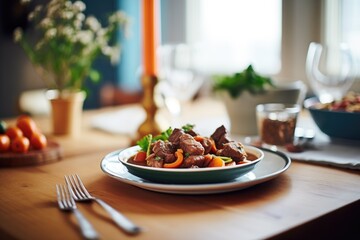 a wooden table set with beef bourguignon for dinner