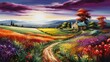 Sunset over the field, rural countryside landscape, rich ripe meadow, art on canvas, painting