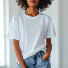 Wall Mural - White T-shirt Mockup, Black Woman, Girl, Female, Model, Wearing a White Tee Shirt and Blue Jeans, Blank Shirt Template, White Background, Close-up View