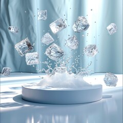 Poster - Background for product on white podium with ice cubes floating mid air. Generative AI.