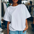 © Andrii Fanta - White T-shirt Mockup, Black Woman, Girl, Female, Model, Wearing a White Tee Shirt and Blue Jeans, Oversized Blank Shirt Template, Standing in a Clothing Store, Close-up View