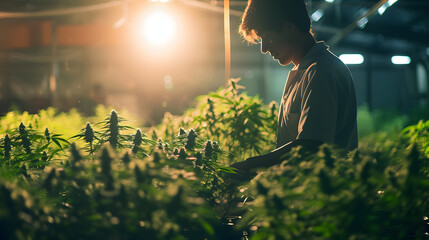 man marijuana researcher checking marijuana cannabis plantation in cannabis farm, business agricultu