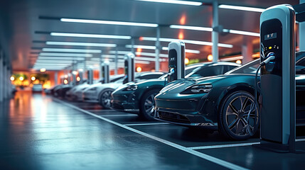 Poster - Parking electric cars. Charging stations fast charging cars. Generative AI.