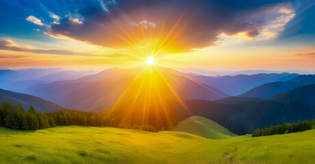 Wall Mural - Panorama of sunset in the mountains with forest, green grass and big shining sun on dramatic sky