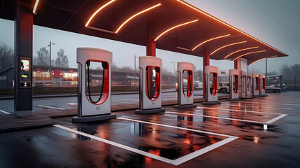 Wall Mural - EV Charging Station for commercial use at highway side. Generative AI.