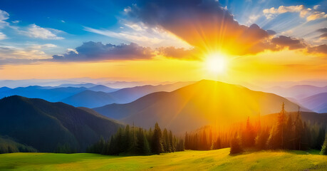 Wall Mural - Panorama of sunset in the mountains with forest, green grass and big shining sun on dramatic sky