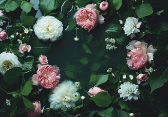 Wall Mural - Round arrangement of flowers on green background with leaves