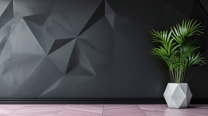 abstract interior black wall with polygonal pattern indoors in pink color modern room