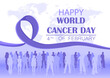 World Cancer Day banner. Lavender ribbon and world map, people silhouettes, text 