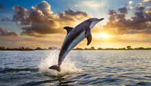 Dolphin Jumping In The Water At Sunset