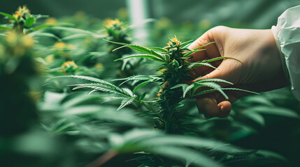 Sticker - A scientist's hand close-up inspects the pleasant buds on a cannabis plant. Cannabis plantation