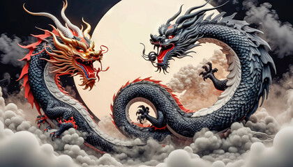 Wall Mural - Dragons Yin and Yang, warriors of opposites. Two fantastic Chinese dragons. Year of the Dragon according to the eastern horoscope