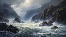 Tumultuous Sea, Crashing Waves, Rugged Cliffs, Churning, Mesmerizing Drama, Untamed Energy, Stormy Waters. Generated By AI.