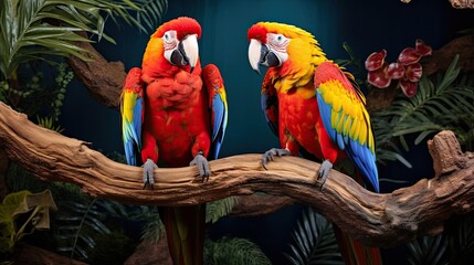 Lively parrots adorned in vibrant colors resting on a tree branch. Exotic plumage, tropical avian pair, colorful perch, nature's beauty. Generated by AI.