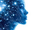 A human head over intricate circuitry. Artificial intelligence and human-computer integration concept.