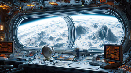 Poster - Looking outside my space station computer workstation. Generative AI.