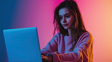 Wall Mural - Portrait of a beautiful young woman in a pink hoodie using a laptop on a purple background