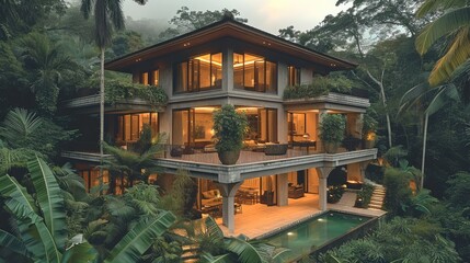 Wall Mural - the house overlooks a ravine filled and jungle like foliage. generative ai.