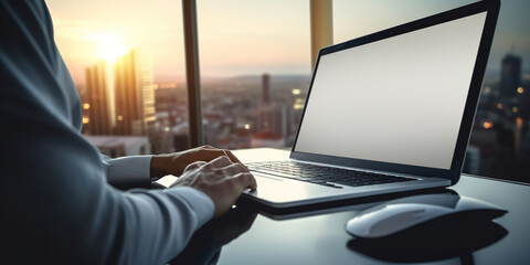 Businessman using laptop with blank white screen on glass table in office.