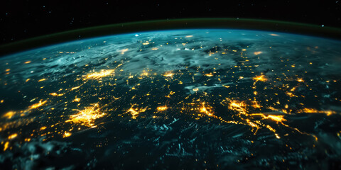 Wall Mural - big city lights view from space. planet earth globe with night realistic world map. communication co