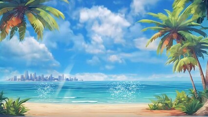 Wall Mural - Summer beach scene with palm trees and sea. Cartoon or anime illustration style. seamless looping 4K time-lapse virtual video animation background.