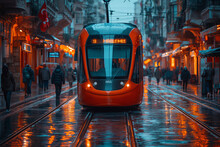 An Istanbul Downtown A Street Car Of A Tram Going Down A Street With Some People Riding The Train