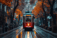 An Istanbul Downtown A Street Car Of A Tram Going Down A Street With Some People Riding The Train