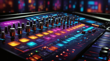 details of a music mixing screen with colorful buttons to the sleek sliders