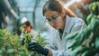 Young woman biologist studying plants in laboratory or greenhouse. Generative AI