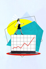 Poster - Vertical collage creative poster image black white filter successful serious bossy young lady walk analysis data computer template