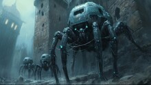 5 Small Fantasy Spiders-like Creatures With Aspects Of Robot Weaves A Web, Medieval Tower