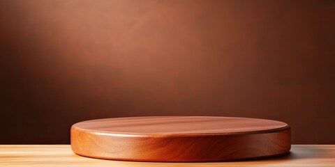 Brown background with round wooden podium for food or cosmetics.