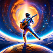 Joyful astronaut in space strums a guitar. A heartwarming moment of celestial serenity and musical bliss in the cosmic solitude.