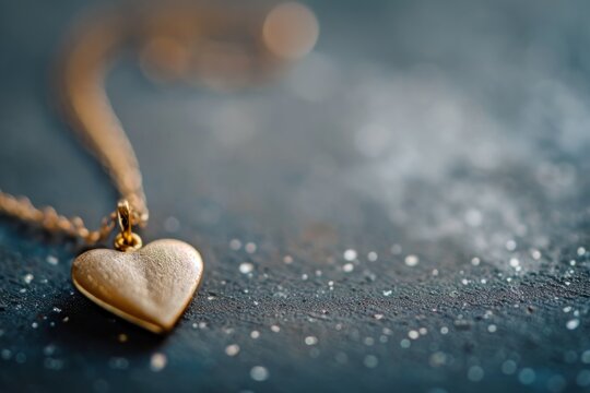 A background with copy space and a delicate heart-shaped necklace in the foreground with a fine gold chain, resting on a textured surface with a soft focus background