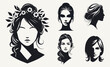 © esa - Set of vector illustrations of beautiful women with different hairstyles in black and white.