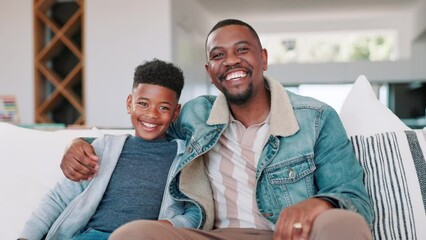 Canvas Print - Father, child and hug or face for laughing, funny conversation and communication at home to relax. Black family, daddy and son bonding in living room, happiness and love or embracing in portrait