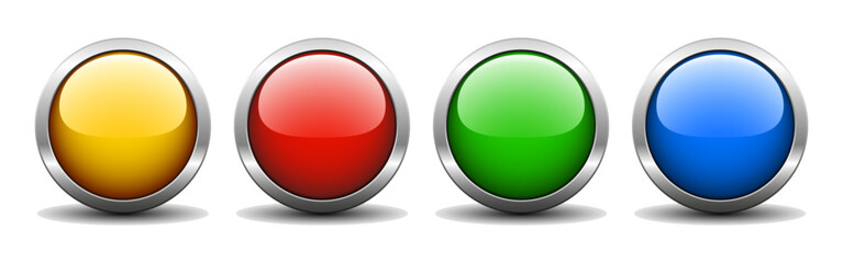 Yellow, red, green, blue round glossy shiny 3D button with silver border frame. Geometric shape circle electric buttons for web use, website design, offer click Press button icon, Digital icon