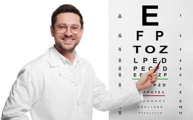 Canvas Print - Ophthalmologist pointing at vision test chart on white background