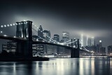 Fototapeta  - Bridge illuminated at night with city lights reflecting on water