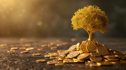 Wall Mural - golden tree growing on pile of golden coins, business and investment growth