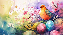 Watercolor Illustration Festive Easter Composition Bird And Eggs