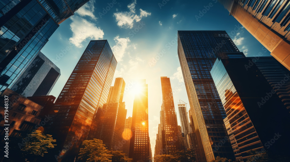 Skyscrapers of megacity at sunset. Business life of a big city. Bottom view. Urbanistic modern landscape. Generative AI