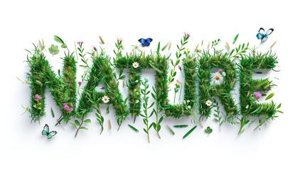 Word Nature on natural green background. 